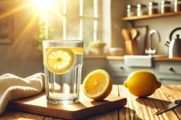 A glass of warm lemon water on a wooden kitchen counter with morning sunlight.