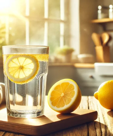 A glass of warm lemon water on a wooden kitchen counter with morning sunlight.