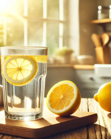 A glass of warm lemon water on a wooden kitchen counter with morning sunlight.