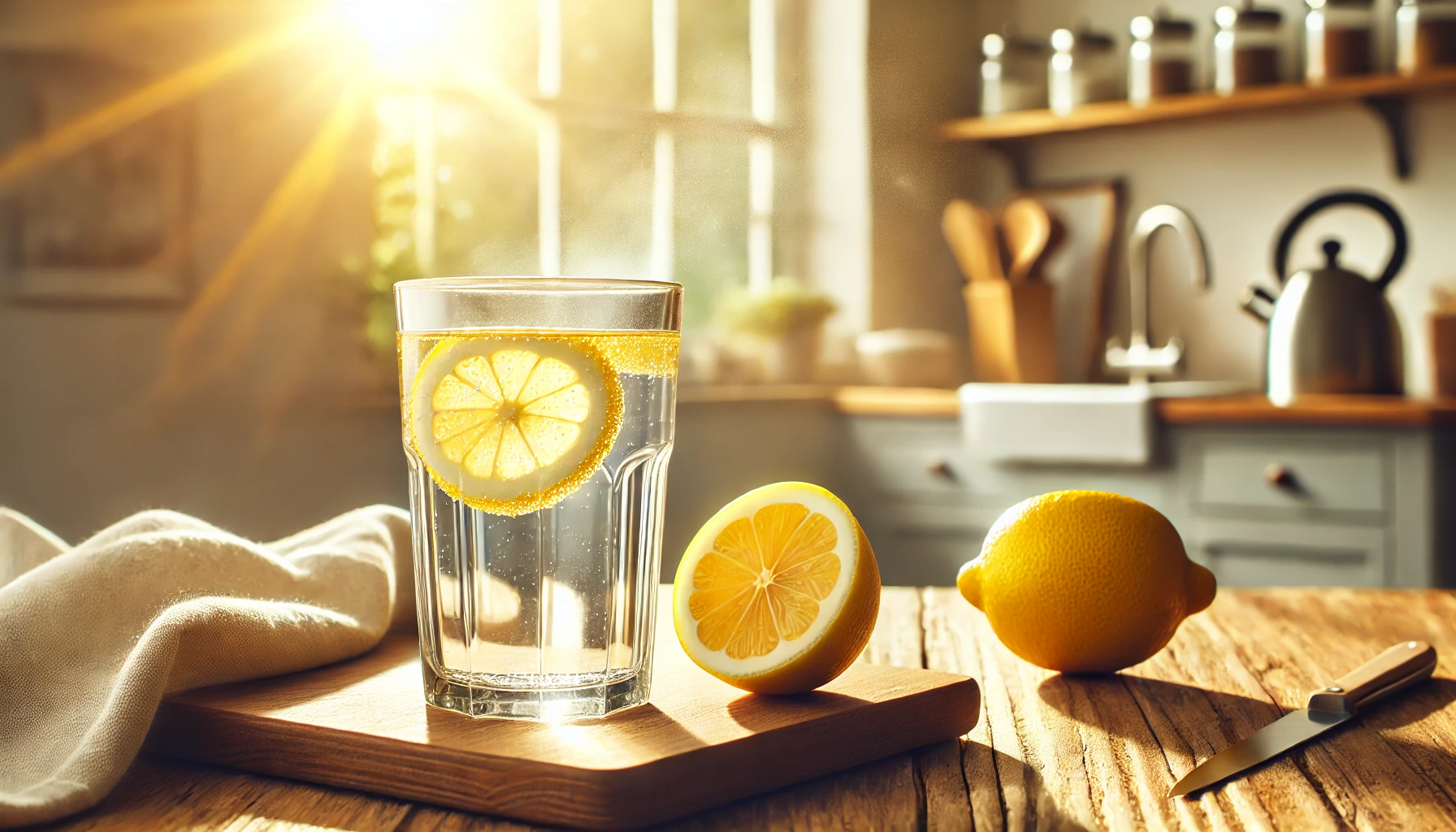 A glass of warm lemon water on a wooden kitchen counter with morning sunlight.